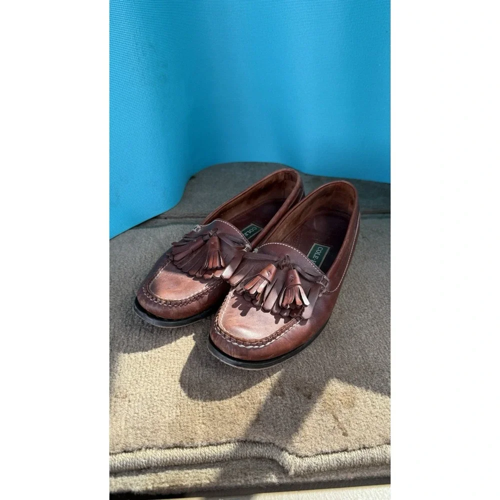 Cole Haan Men 9.5 Brown Leather Kiltie Tassel Loafers Boat Driving Shoes Moc Toe